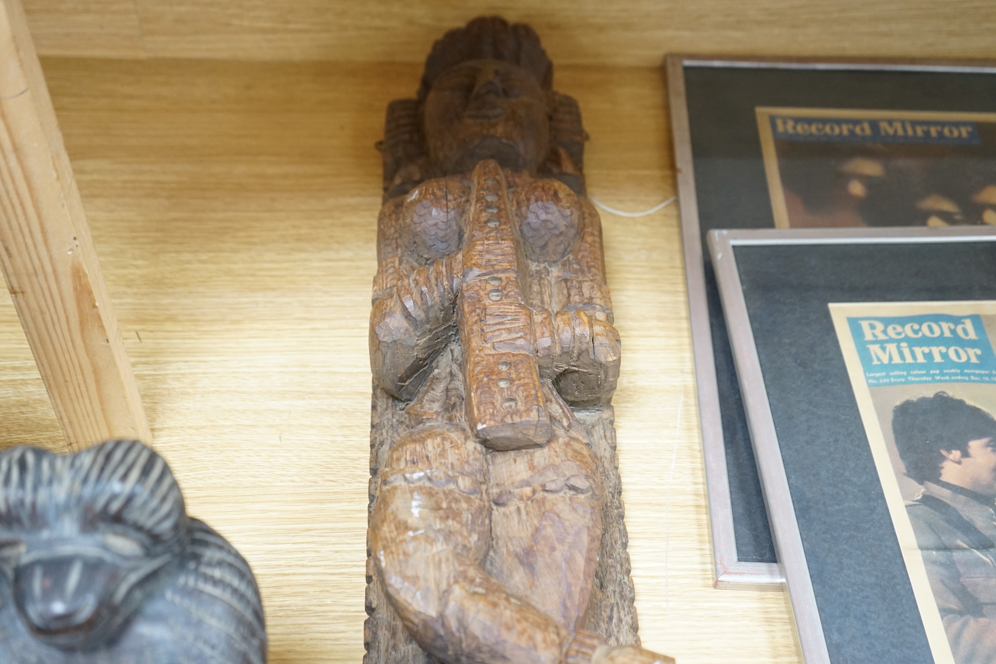 Two African wood carvings and an Asian wood carving, largest 79cm